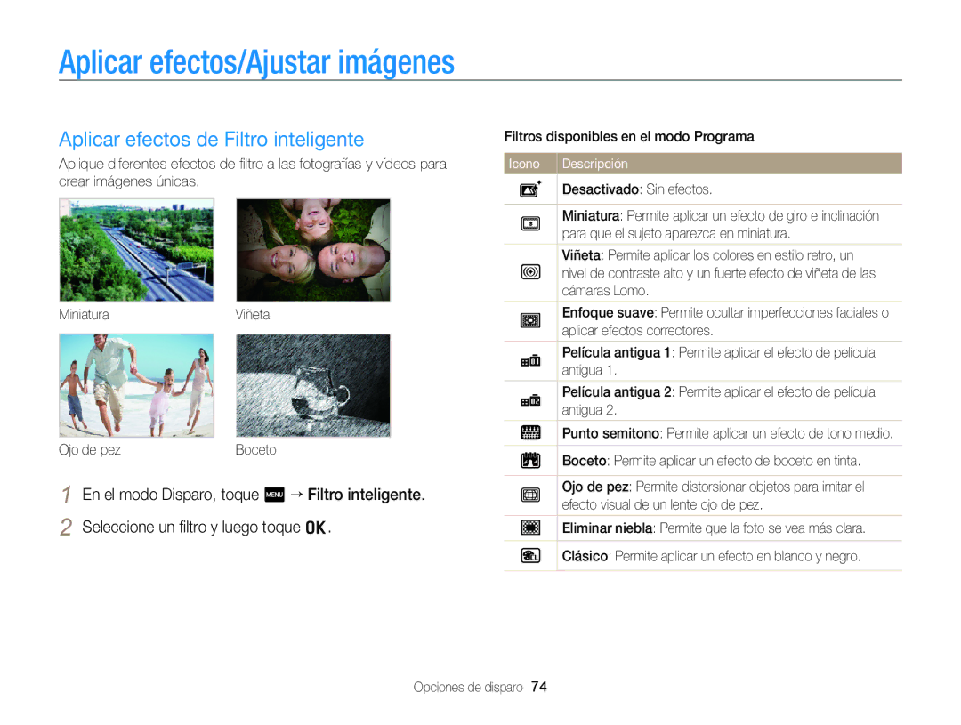 Samsung EC-ST700ZBPBE1, EC-ST700ZBPLE1 manual Aplicar efectos/Ajustar imágenes, Aplicar efectos de Filtro inteligente 