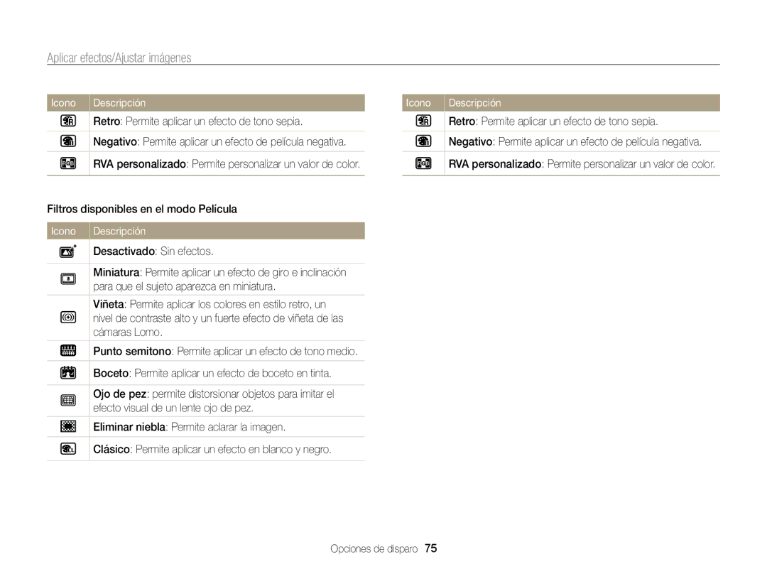 Samsung EC-ST700ZBPLE1, EC-ST700ZBPBE1 Aplicar efectos/Ajustar imágenes, Retro Permite aplicar un efecto de tono sepia 