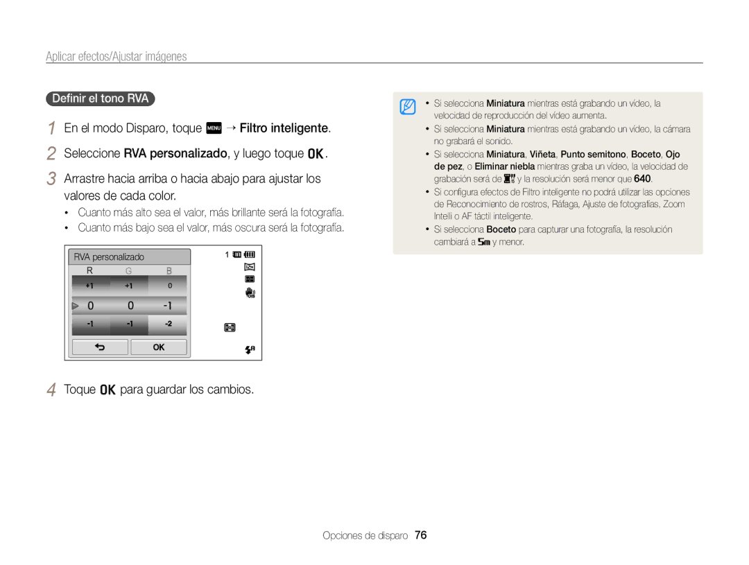 Samsung EC-ST700ZBPBE1, EC-ST700ZBPLE1 manual Toque o para guardar los cambios, Deﬁnir el tono RVA 