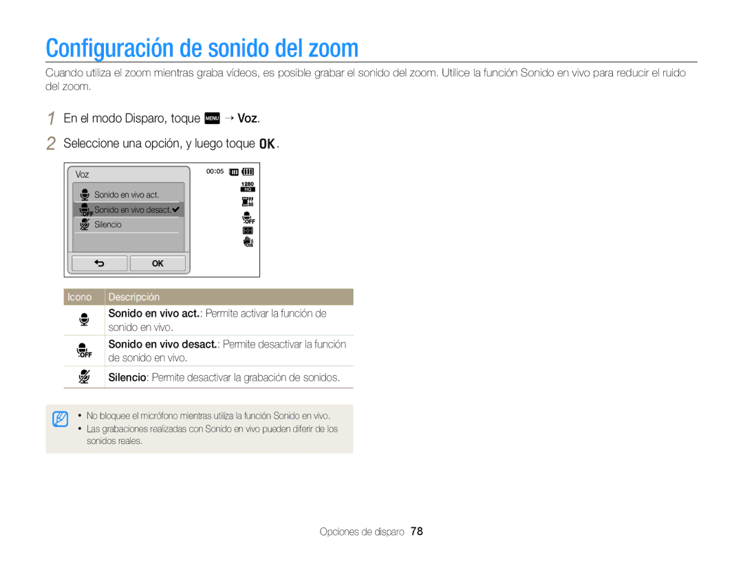 Samsung EC-ST700ZBPBE1, EC-ST700ZBPLE1 manual Conﬁguración de sonido del zoom, Icono Descripción 