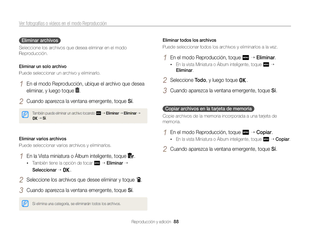 Samsung EC-ST700ZBPBE1 manual En el modo Reproducción, toque m “ Eliminar, En la Vista miniatura o Álbum inteligente, toque 