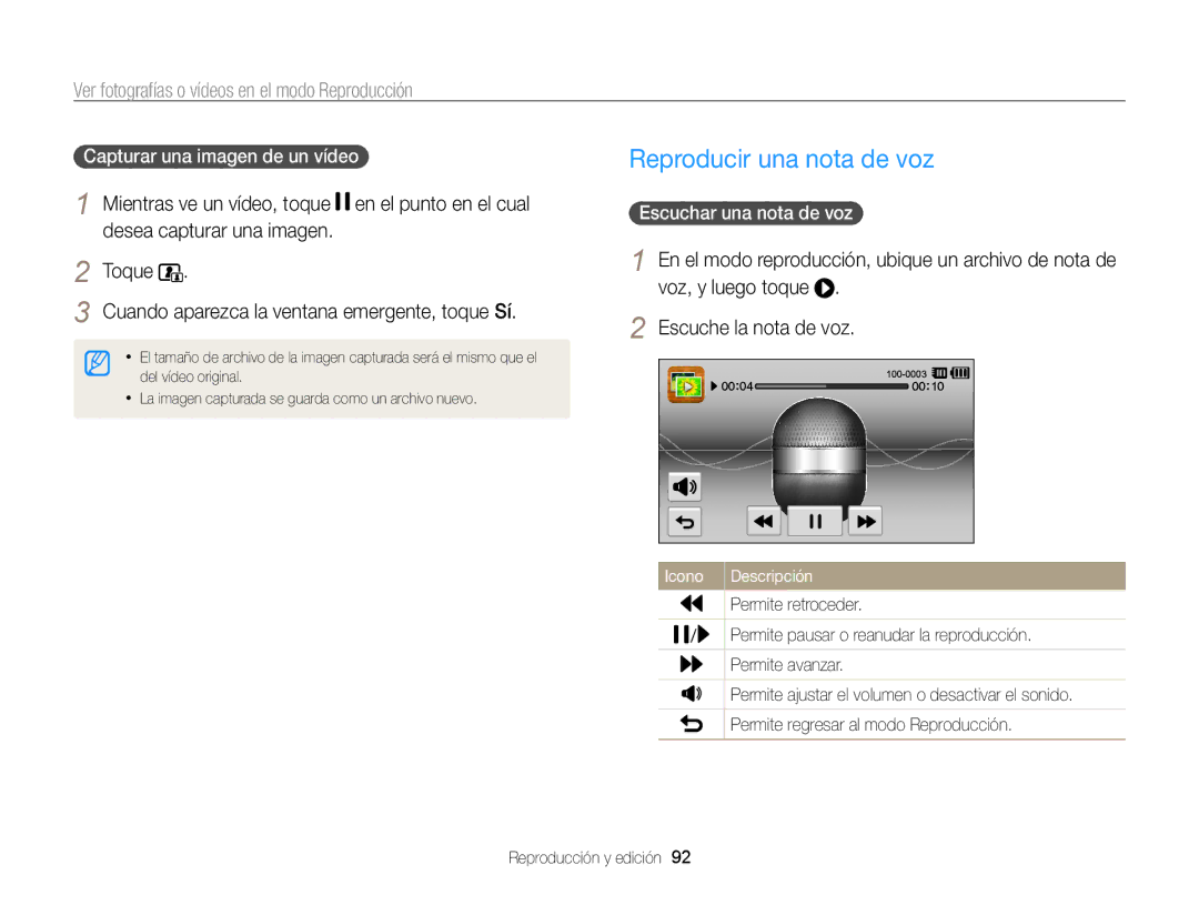 Samsung EC-ST700ZBPBE1, EC-ST700ZBPLE1 manual Reproducir una nota de voz, Mientras ve un vídeo, toque en el punto en el cual 
