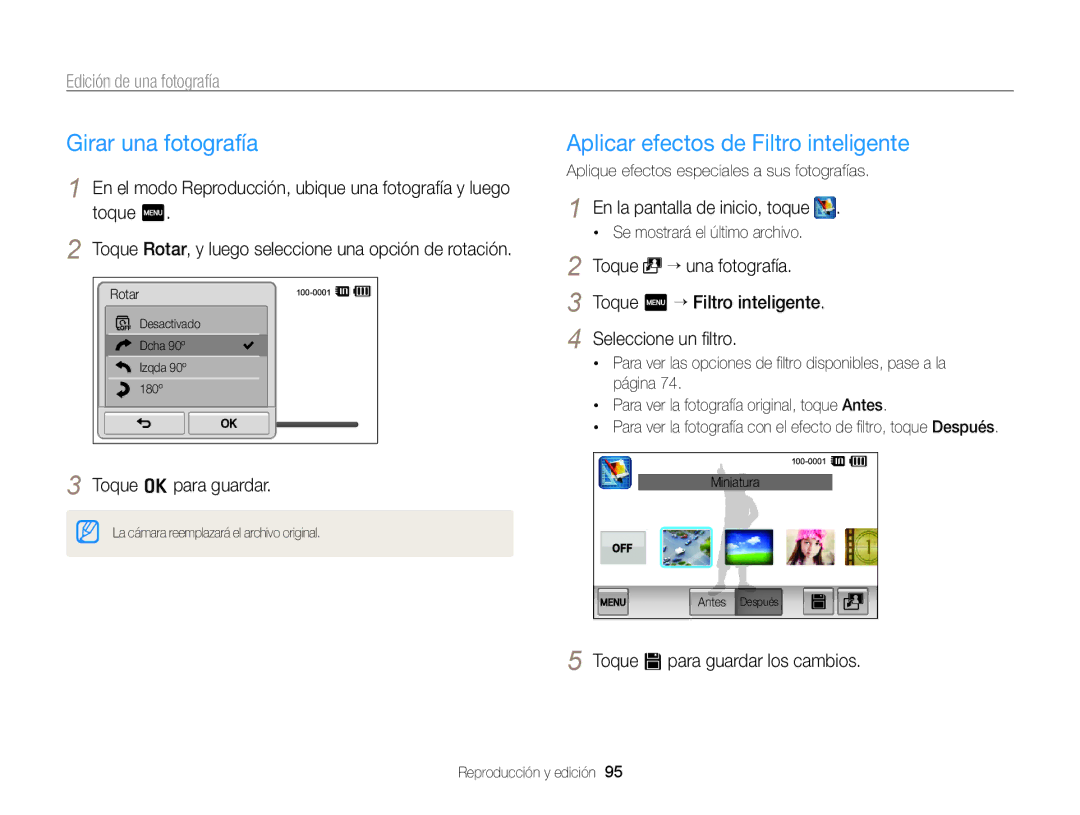 Samsung EC-ST700ZBPLE1, EC-ST700ZBPBE1 Girar una fotografía, Edición de una fotografía, Toque V para guardar los cambios 