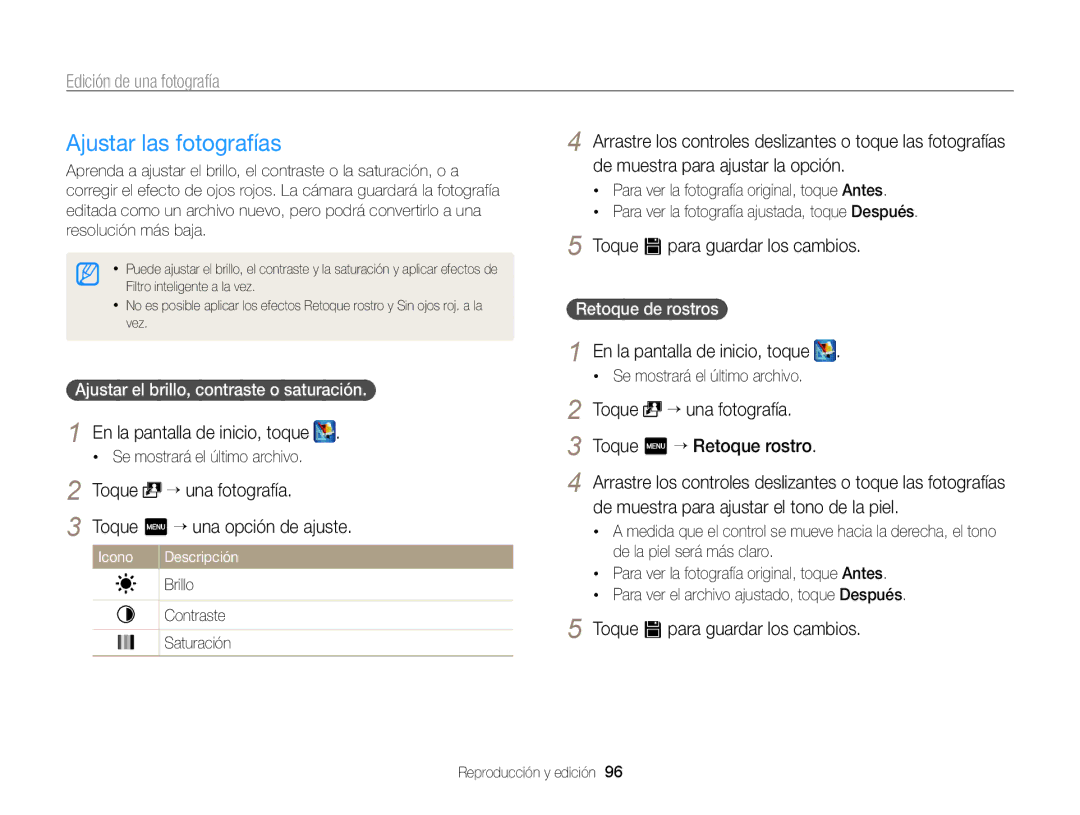 Samsung EC-ST700ZBPBE1 Toque “ una fotografía Toque m “ una opción de ajuste, Ajustar el brillo, contraste o saturación 