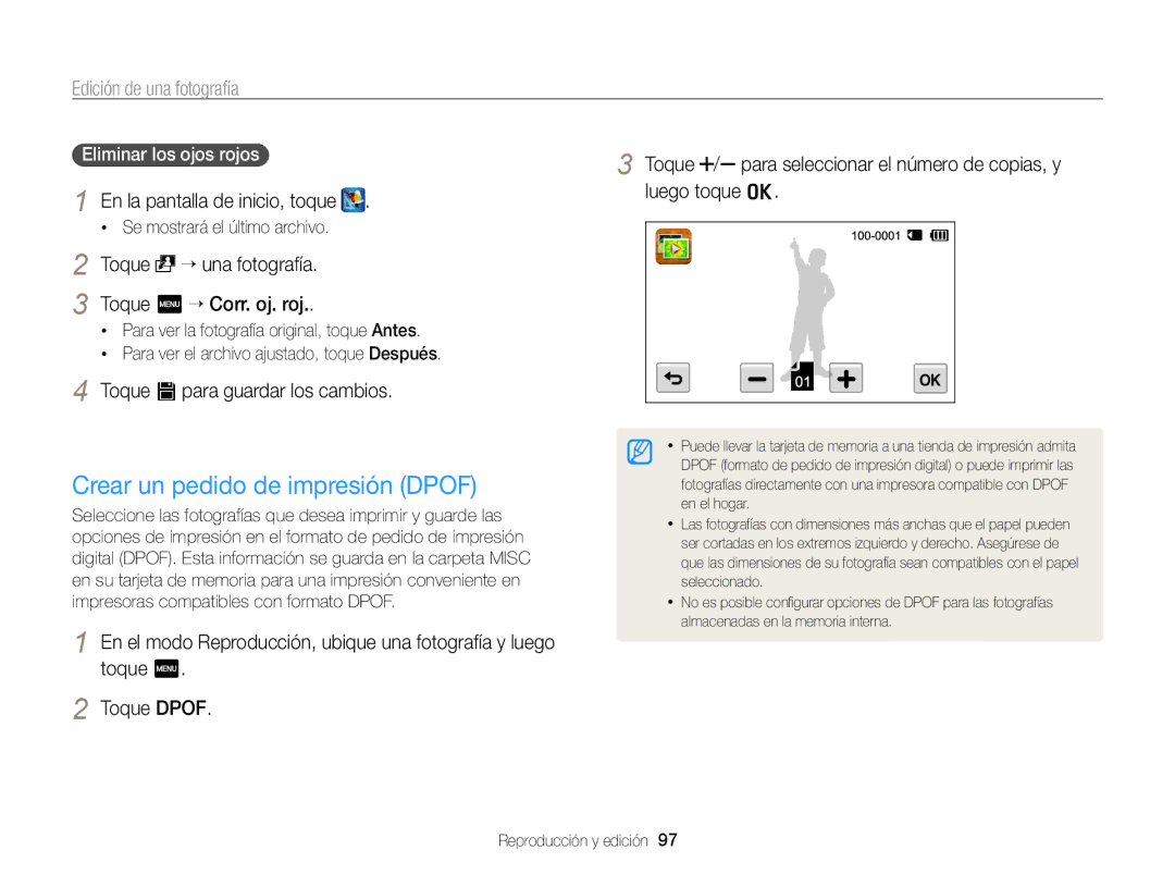 Samsung EC-ST700ZBPLE1, EC-ST700ZBPBE1 Crear un pedido de impresión Dpof, Toque “ una fotografía Toque m “ Corr. oj. roj 