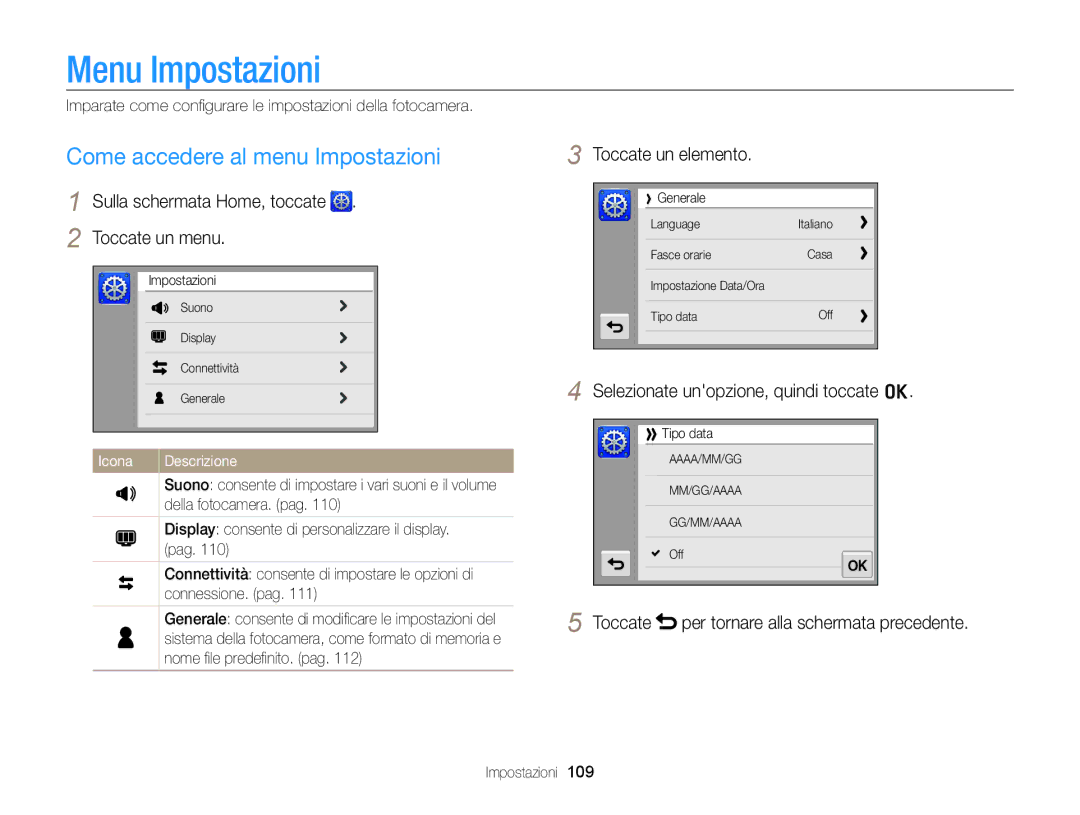 Samsung EC-ST700ZBPSE1, EC-ST700ZBPLE1 manual Menu Impostazioni, Come accedere al menu Impostazioni, Toccate un elemento 