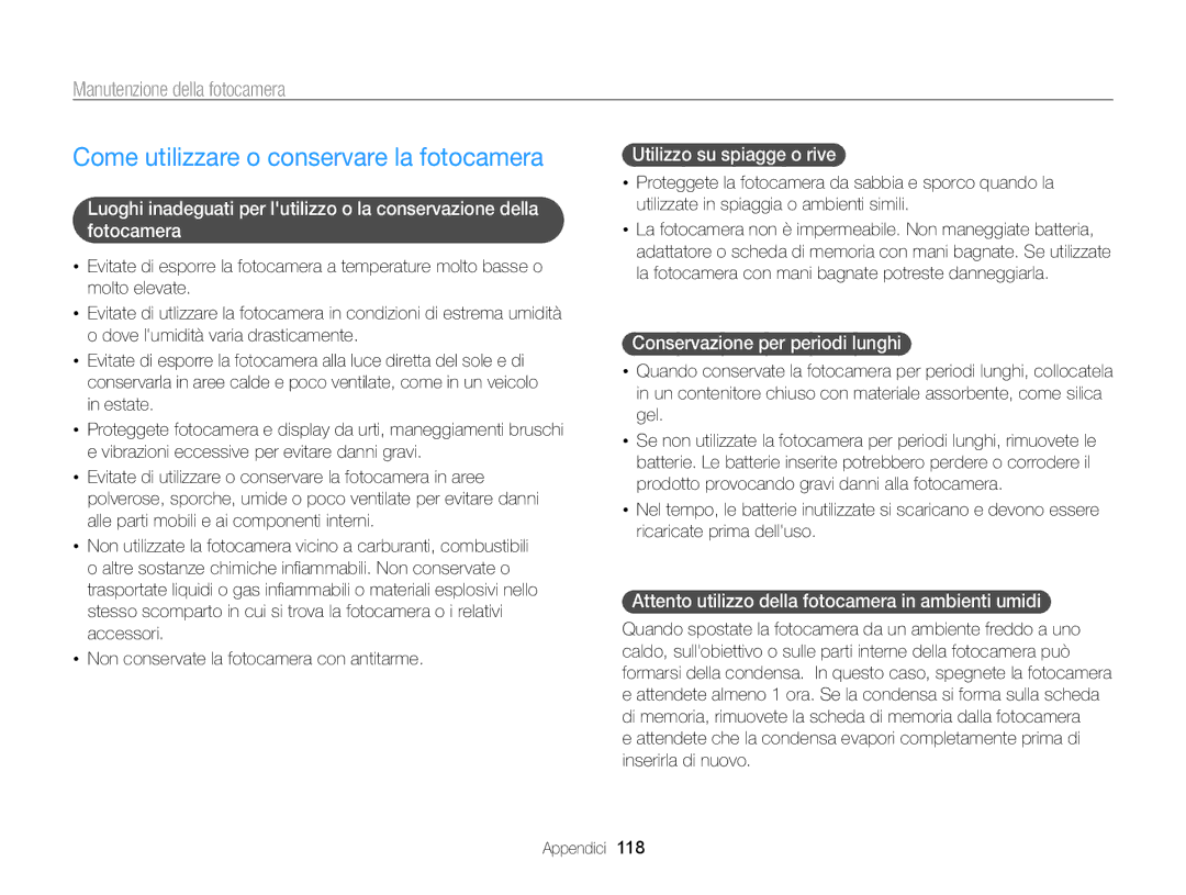 Samsung EC-ST700ZBPSE1, EC-ST700ZBPLE1 manual Come utilizzare o conservare la fotocamera, Manutenzione della fotocamera 