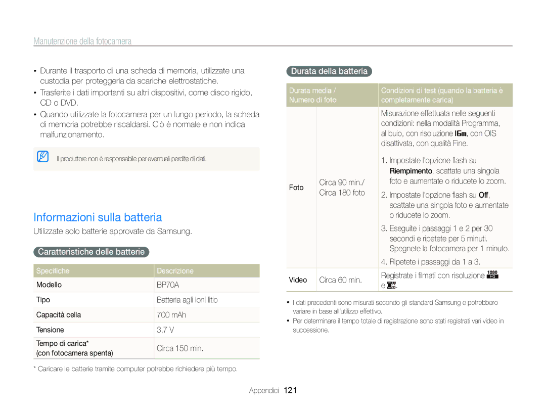 Samsung EC-ST700ZBPSE1, EC-ST700ZBPLE1 Informazioni sulla batteria, Caratteristiche delle batterie, Durata della batteria 