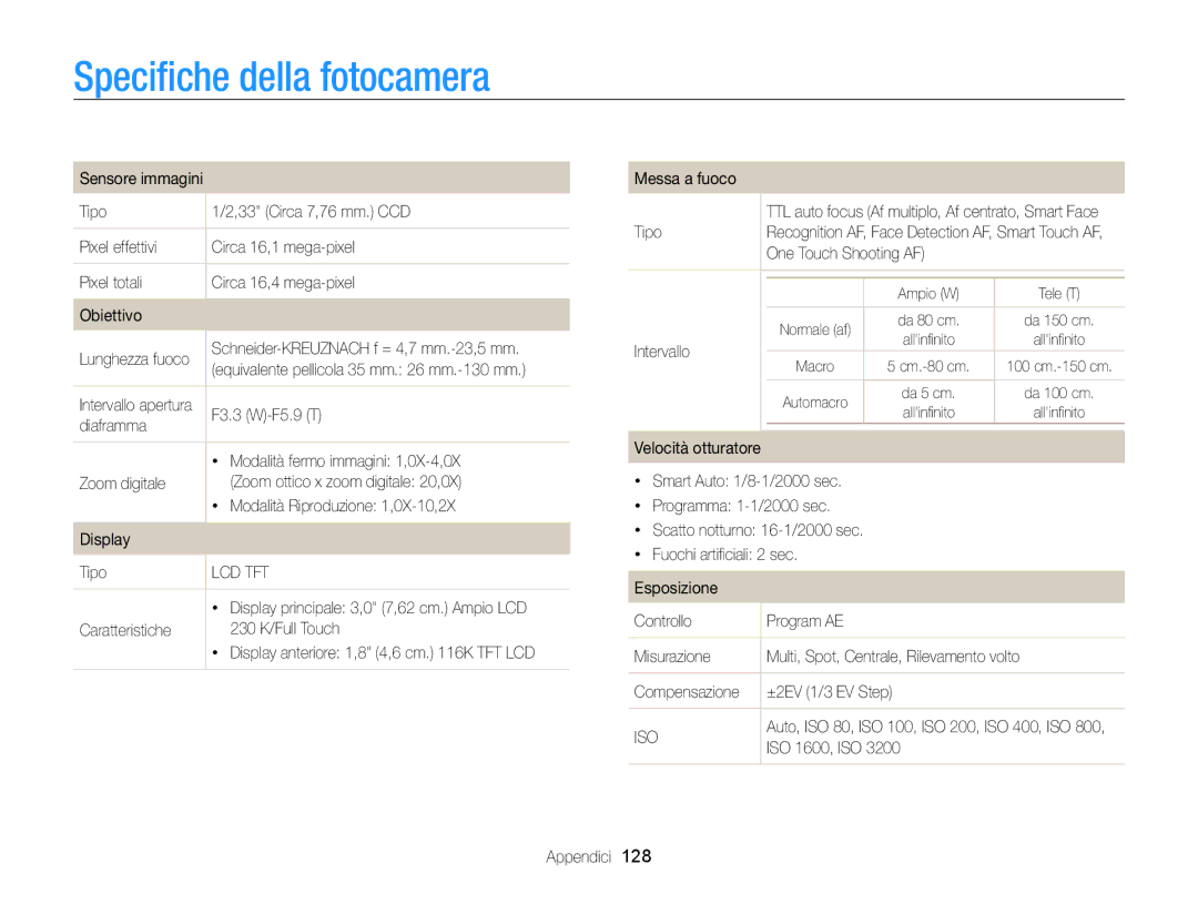 Samsung EC-ST700ZBPLE1, EC-ST700ZBPGE1, EC-ST700ZBPSE1 manual Speciﬁche della fotocamera 