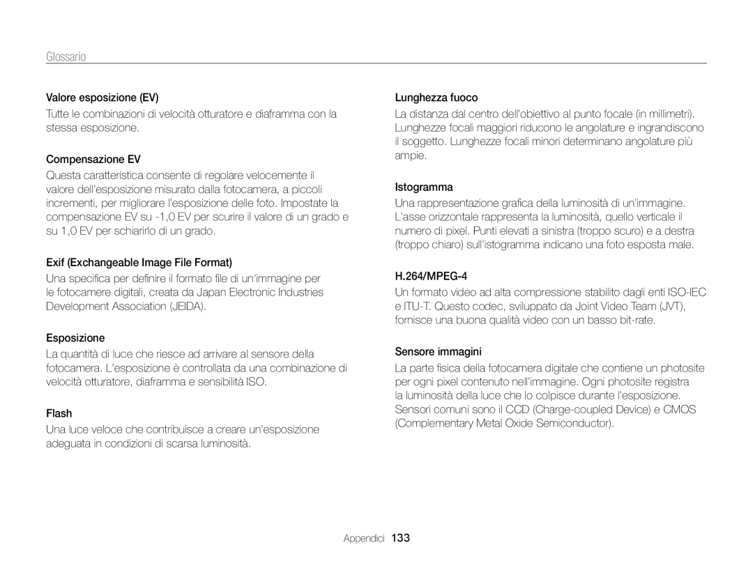 Samsung EC-ST700ZBPSE1, EC-ST700ZBPLE1, EC-ST700ZBPGE1 manual Glossario, 264/MPEG-4, Sensore immagini 