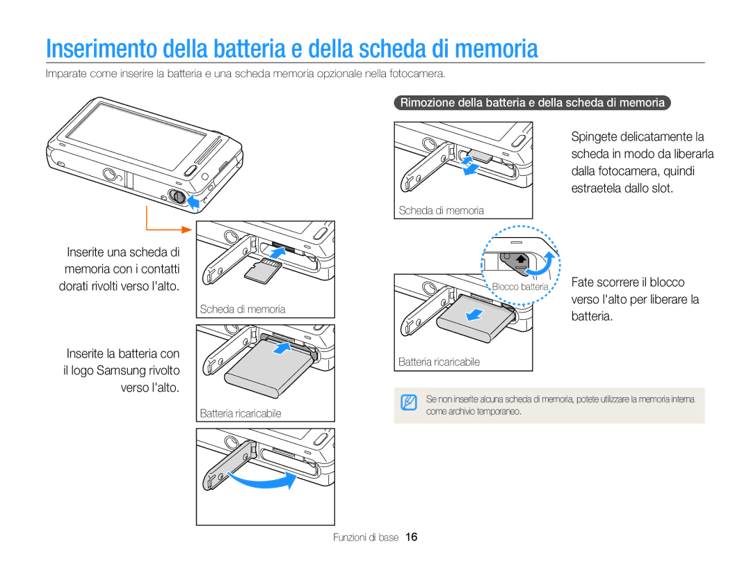 Samsung EC-ST700ZBPSE1, EC-ST700ZBPLE1, EC-ST700ZBPGE1 manual Inserimento della batteria e della scheda di memoria 