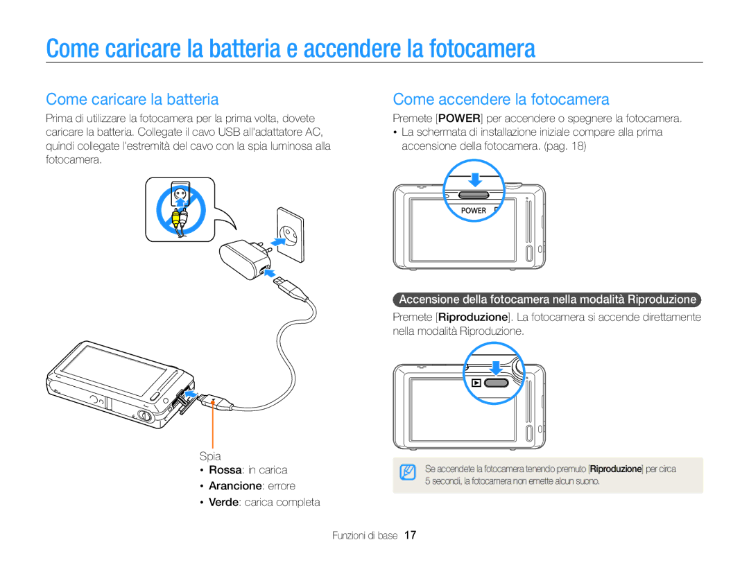 Samsung EC-ST700ZBPLE1, EC-ST700ZBPGE1 Come caricare la batteria e accendere la fotocamera, Come accendere la fotocamera 