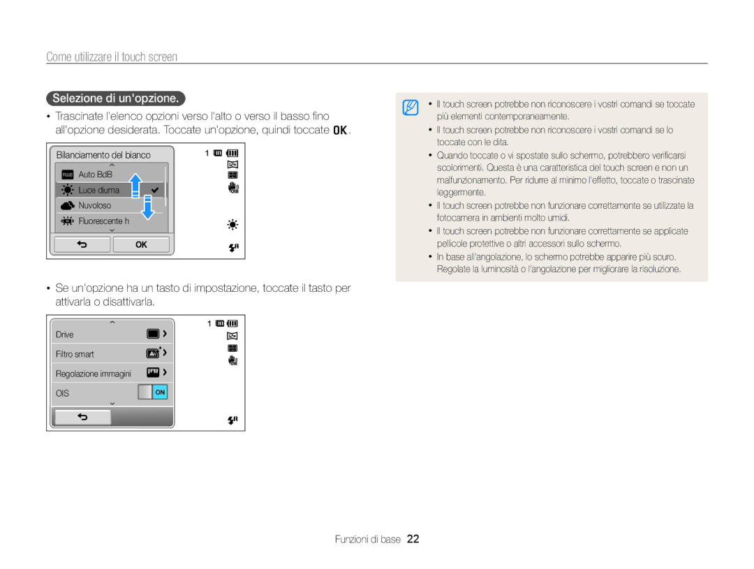 Samsung EC-ST700ZBPSE1, EC-ST700ZBPLE1, EC-ST700ZBPGE1 manual Come utilizzare il touch screen, Selezione di unopzione 