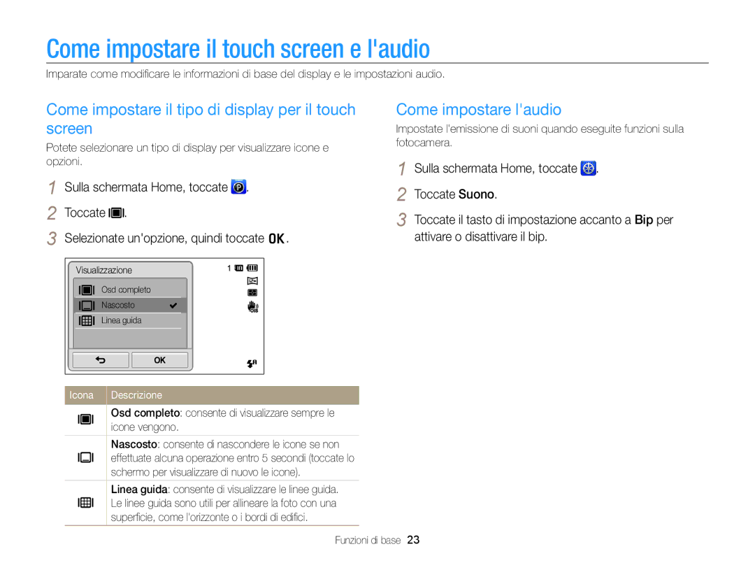 Samsung EC-ST700ZBPLE1 Come impostare il touch screen e laudio, Come impostare il tipo di display per il touch screen 