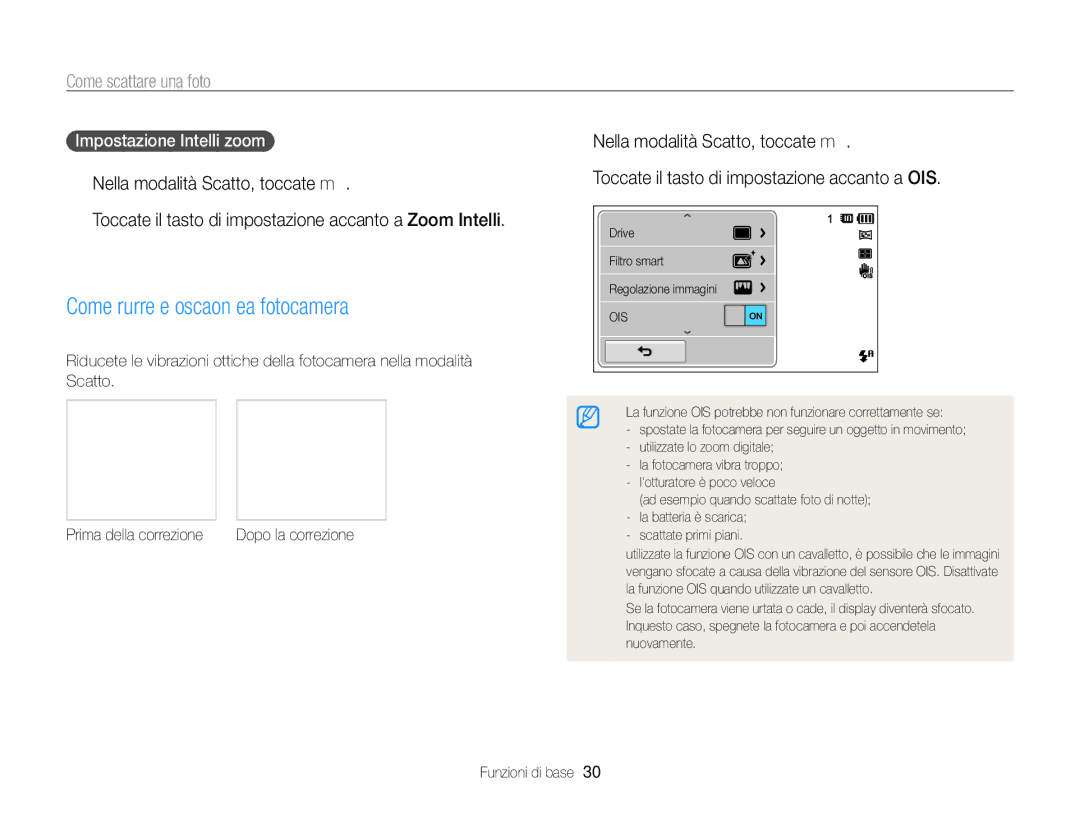 Samsung EC-ST700ZBPGE1, EC-ST700ZBPLE1 manual Come ridurre le oscillazioni della fotocamera OIS, Impostazione Intelli zoom 