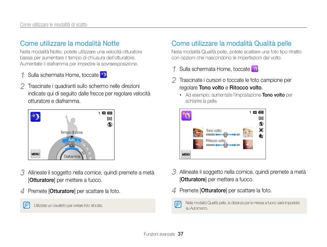 Samsung EC-ST700ZBPSE1, EC-ST700ZBPLE1 manual Come utilizzare la modalità Notte, Come utilizzare la modalità Qualità pelle 