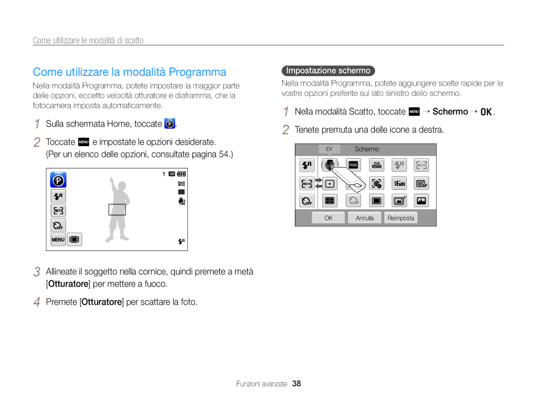 Samsung EC-ST700ZBPLE1, EC-ST700ZBPGE1 Come utilizzare la modalità Programma, Toccate m e impostate le opzioni desiderate 