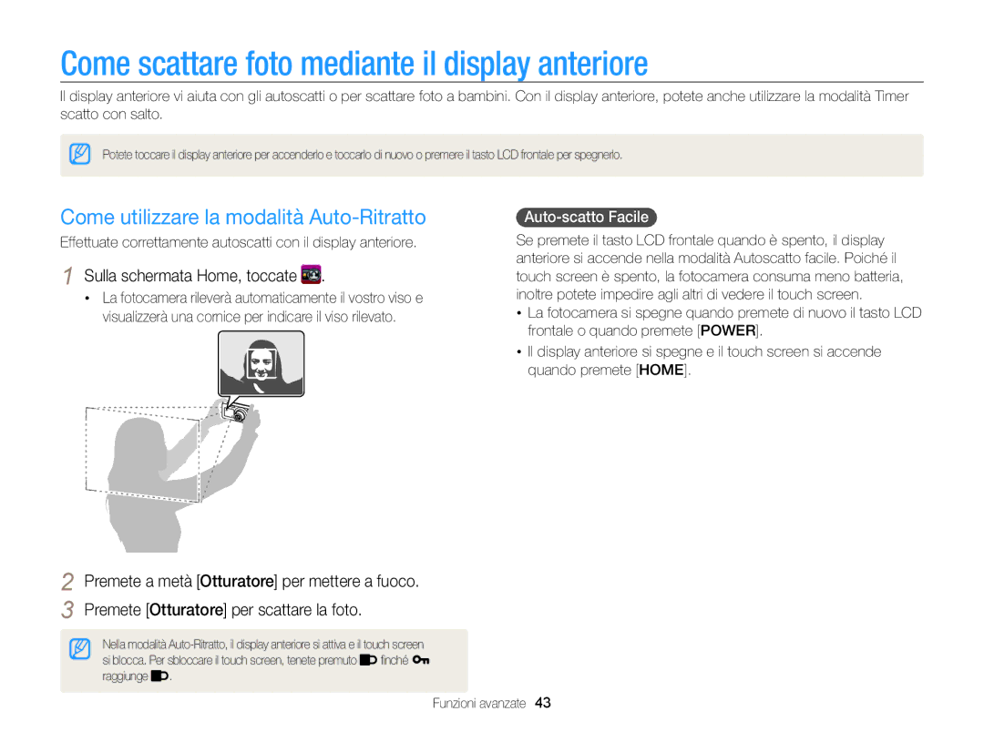 Samsung EC-ST700ZBPSE1 manual Come scattare foto mediante il display anteriore, Come utilizzare la modalità Auto-Ritratto 