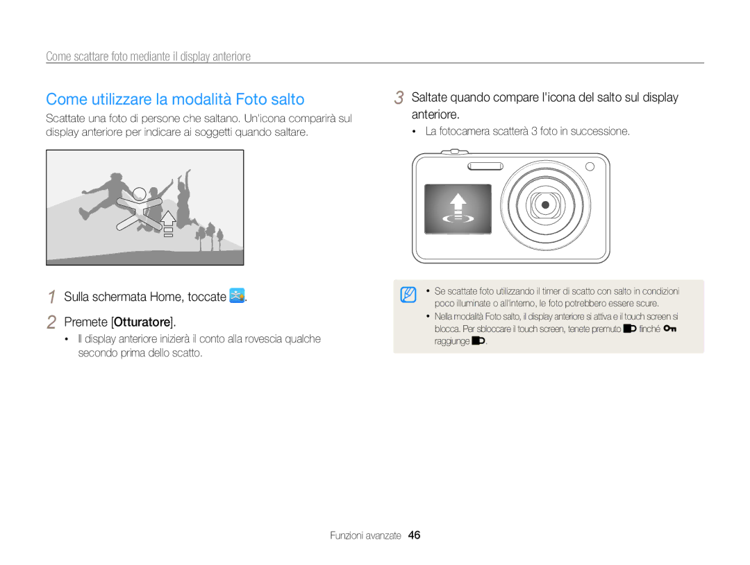 Samsung EC-ST700ZBPSE1 manual Come utilizzare la modalità Foto salto, Sulla schermata Home, toccate Premete Otturatore 