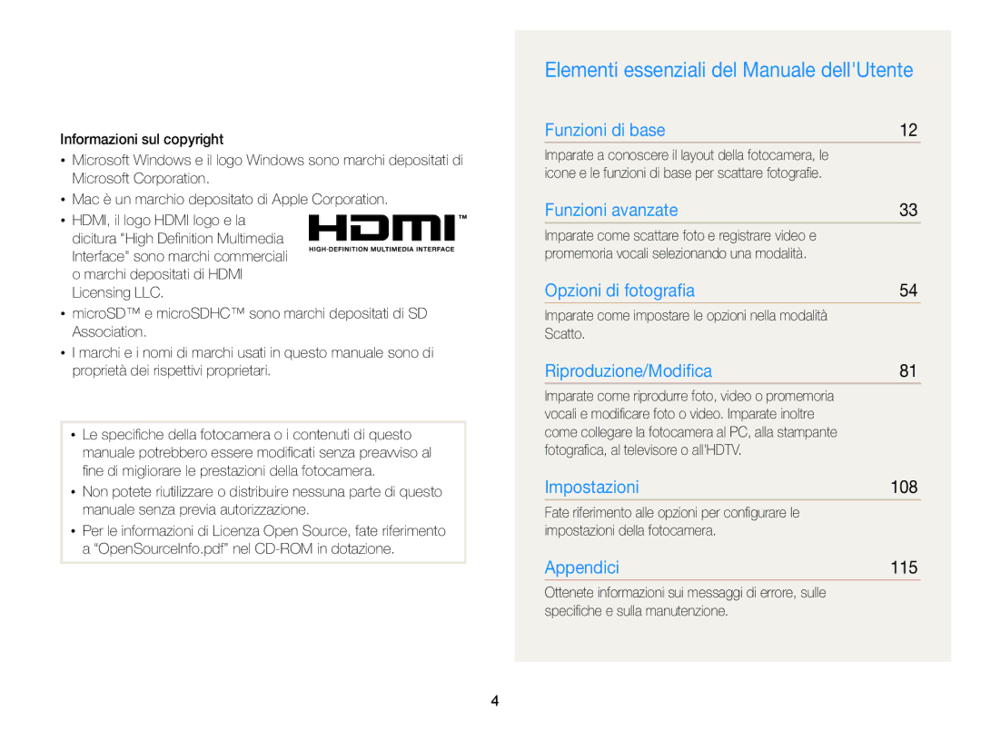 Samsung EC-ST700ZBPSE1, EC-ST700ZBPLE1, EC-ST700ZBPGE1 manual Elementi essenziali del Manuale dellUtente, 108, 115 