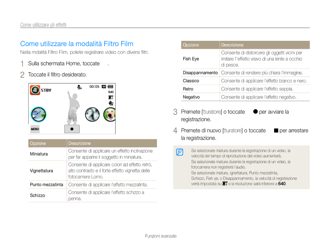 Samsung EC-ST700ZBPSE1 manual Come utilizzare la modalità Filtro Film, Retro Consente di applicare leffetto seppia Negativo 