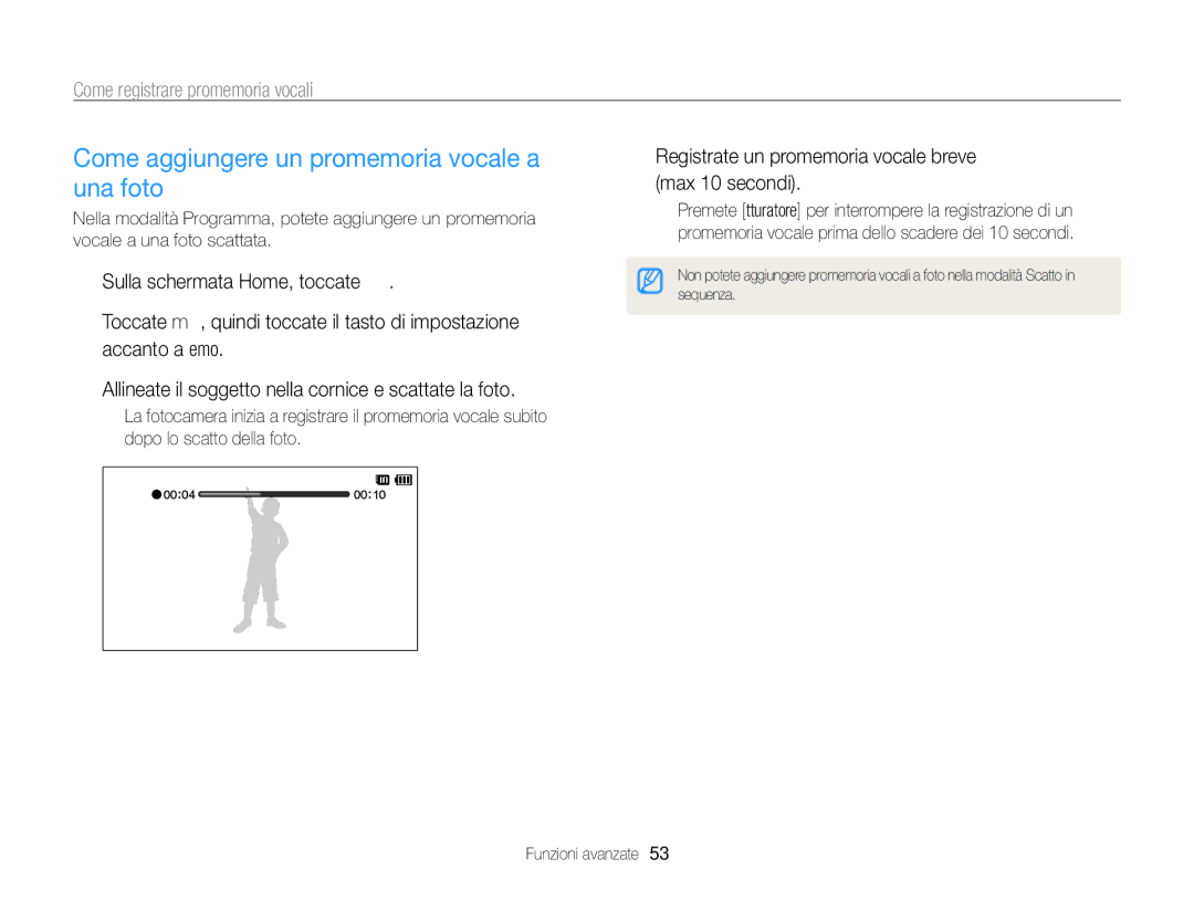 Samsung EC-ST700ZBPLE1, EC-ST700ZBPGE1 Come aggiungere un promemoria vocale a una foto, Come registrare promemoria vocali 