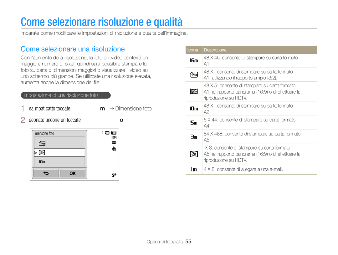 Samsung EC-ST700ZBPSE1, EC-ST700ZBPLE1, EC-ST700ZBPGE1 manual Come selezionare risoluzione e qualità, Icona Descrizione 