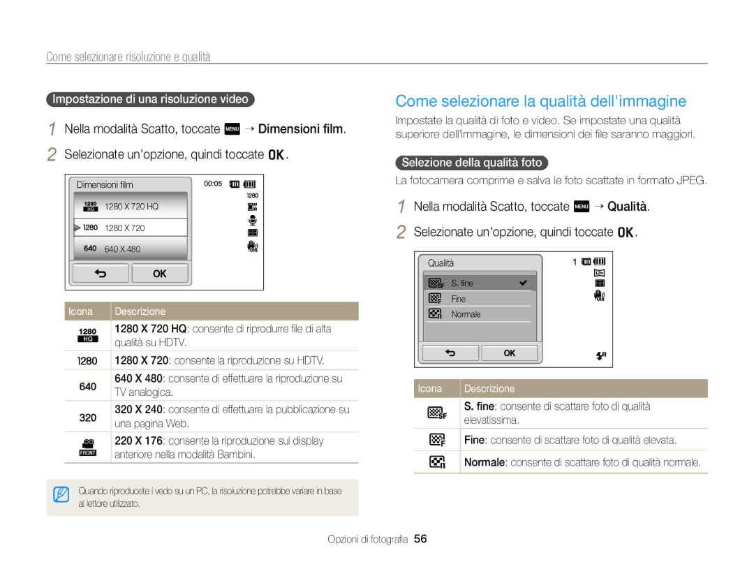 Samsung EC-ST700ZBPLE1, EC-ST700ZBPGE1 manual Come selezionare risoluzione e qualità, Impostazione di una risoluzione video 