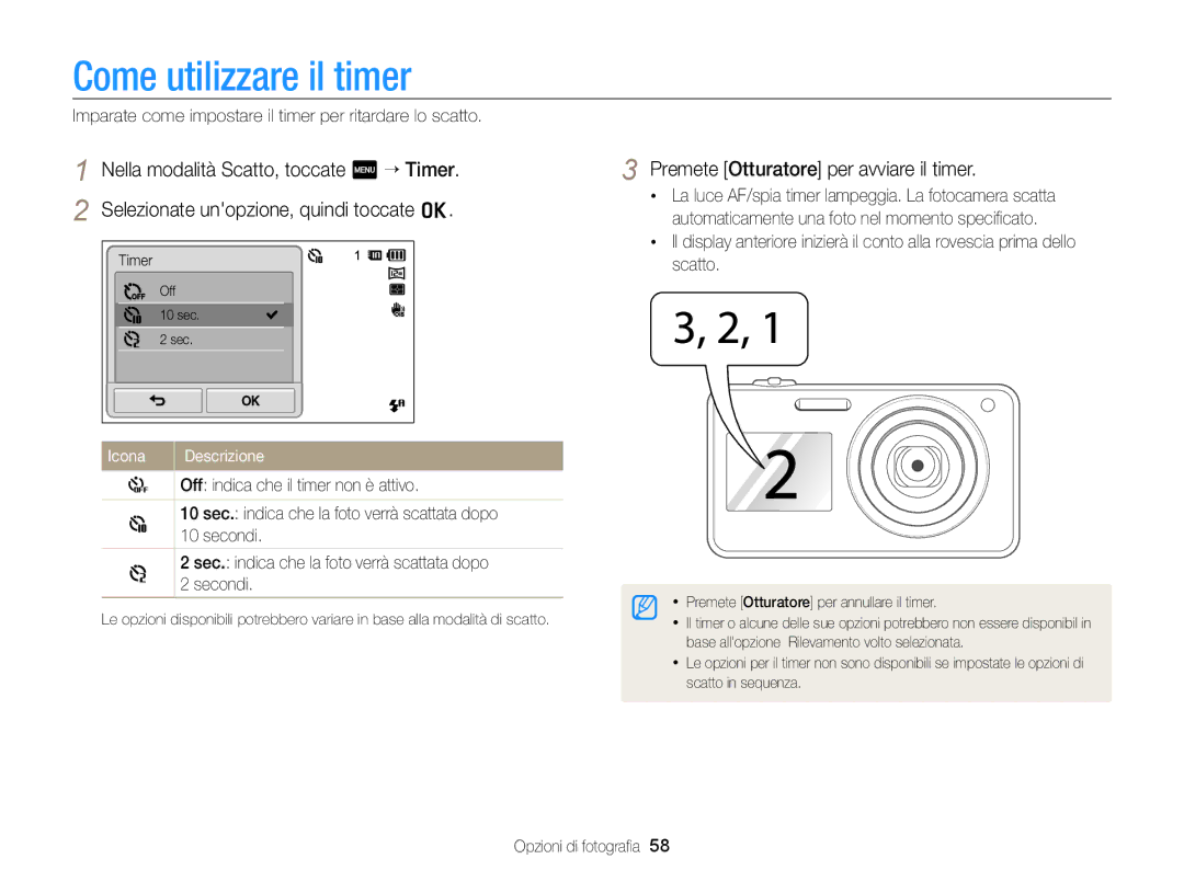 Samsung EC-ST700ZBPSE1, EC-ST700ZBPLE1 manual Come utilizzare il timer, Premete Otturatore per avviare il timer, Icona 