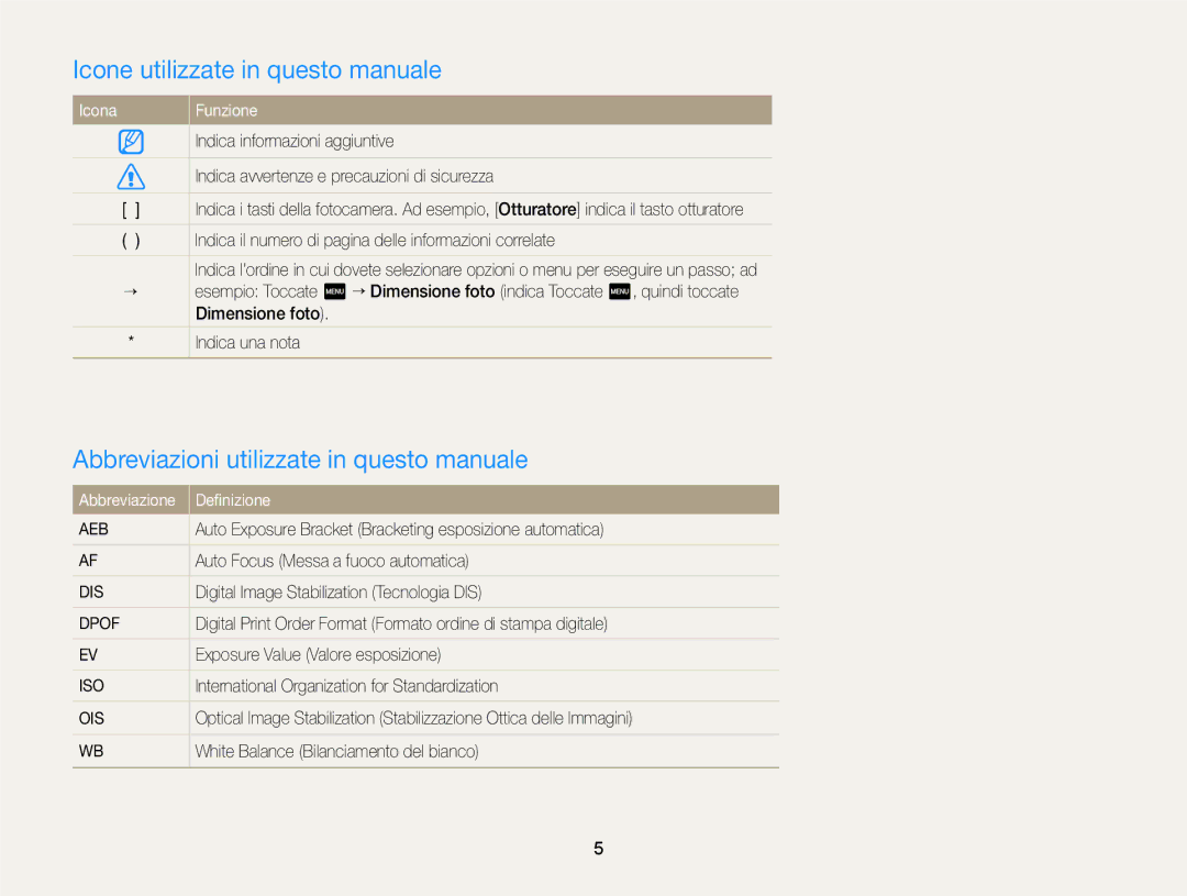 Samsung EC-ST700ZBPLE1 Icone utilizzate in questo manuale, Abbreviazioni utilizzate in questo manuale, Icona Funzione 