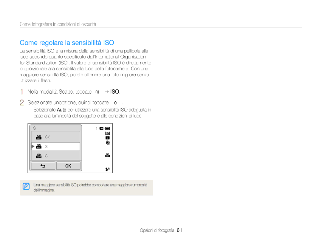 Samsung EC-ST700ZBPSE1, EC-ST700ZBPLE1, EC-ST700ZBPGE1 manual Come regolare la sensibilità ISO 