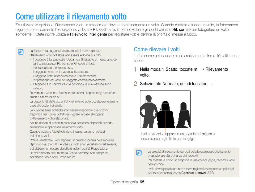 Samsung EC-ST700ZBPLE1, EC-ST700ZBPGE1, EC-ST700ZBPSE1 manual Come utilizzare il rilevamento volto, Come rilevare i volti 