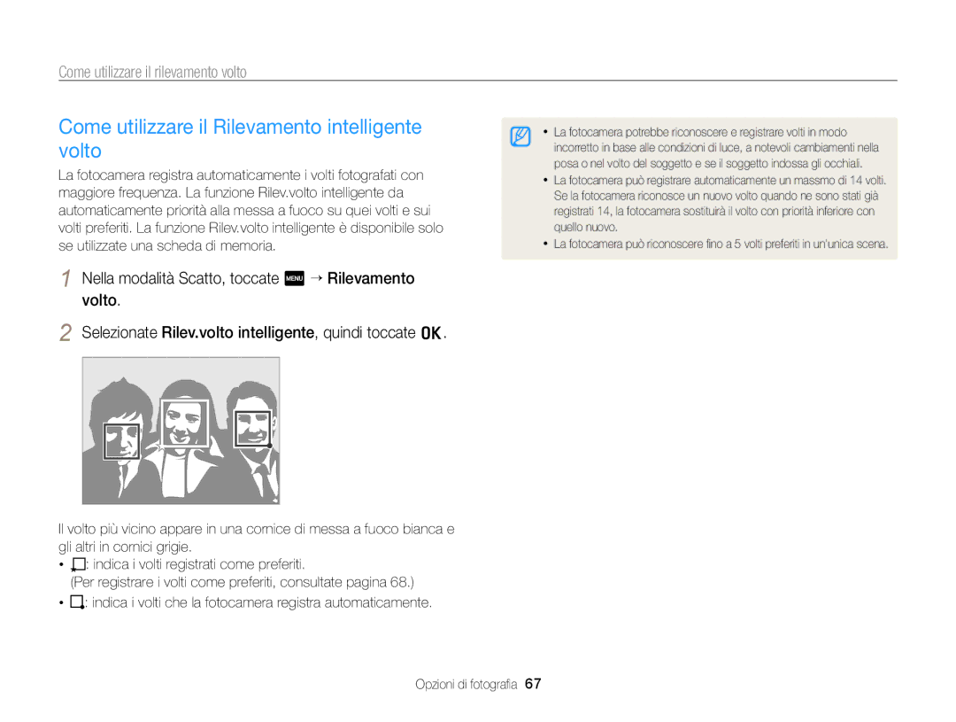 Samsung EC-ST700ZBPSE1 manual Come utilizzare il Rilevamento intelligente volto, Come utilizzare il rilevamento volto 