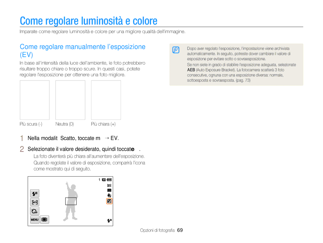 Samsung EC-ST700ZBPGE1, EC-ST700ZBPLE1 Come regolare luminosità e colore, Come regolare manualmente lesposizione EV 