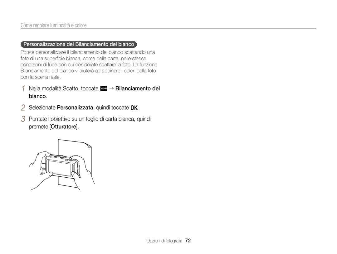 Samsung EC-ST700ZBPGE1, EC-ST700ZBPLE1, EC-ST700ZBPSE1 manual Personalizzazione del Bilanciamento del bianco 