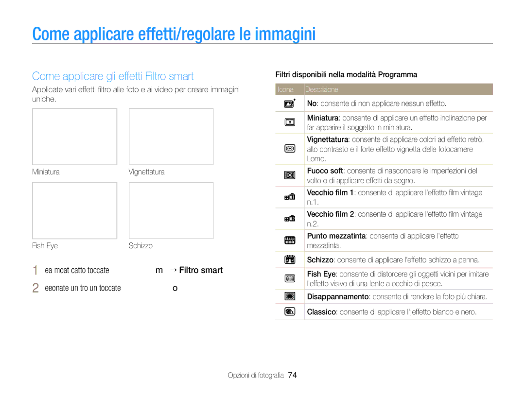 Samsung EC-ST700ZBPLE1 manual Come applicare effetti/regolare le immagini, Come applicare gli effetti Filtro smart 