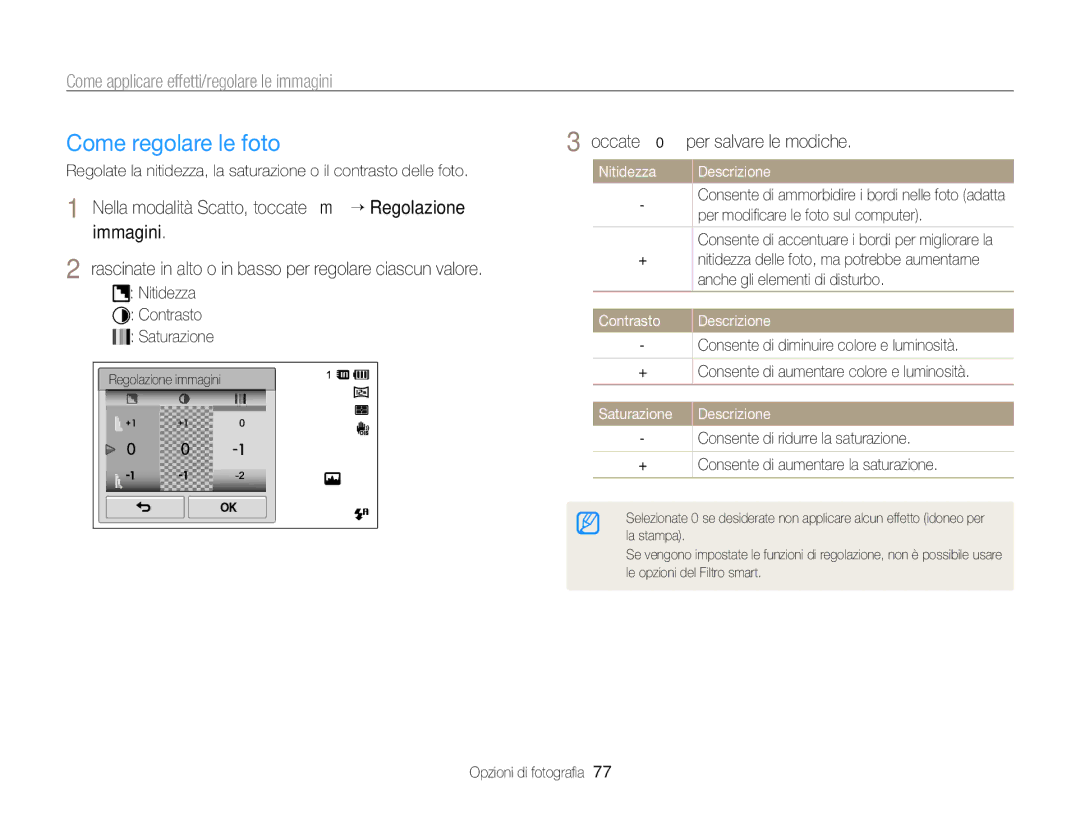 Samsung EC-ST700ZBPLE1 manual Come regolare le foto, Nella modalità Scatto, toccate m “ Regolazione immagini, Contrasto 