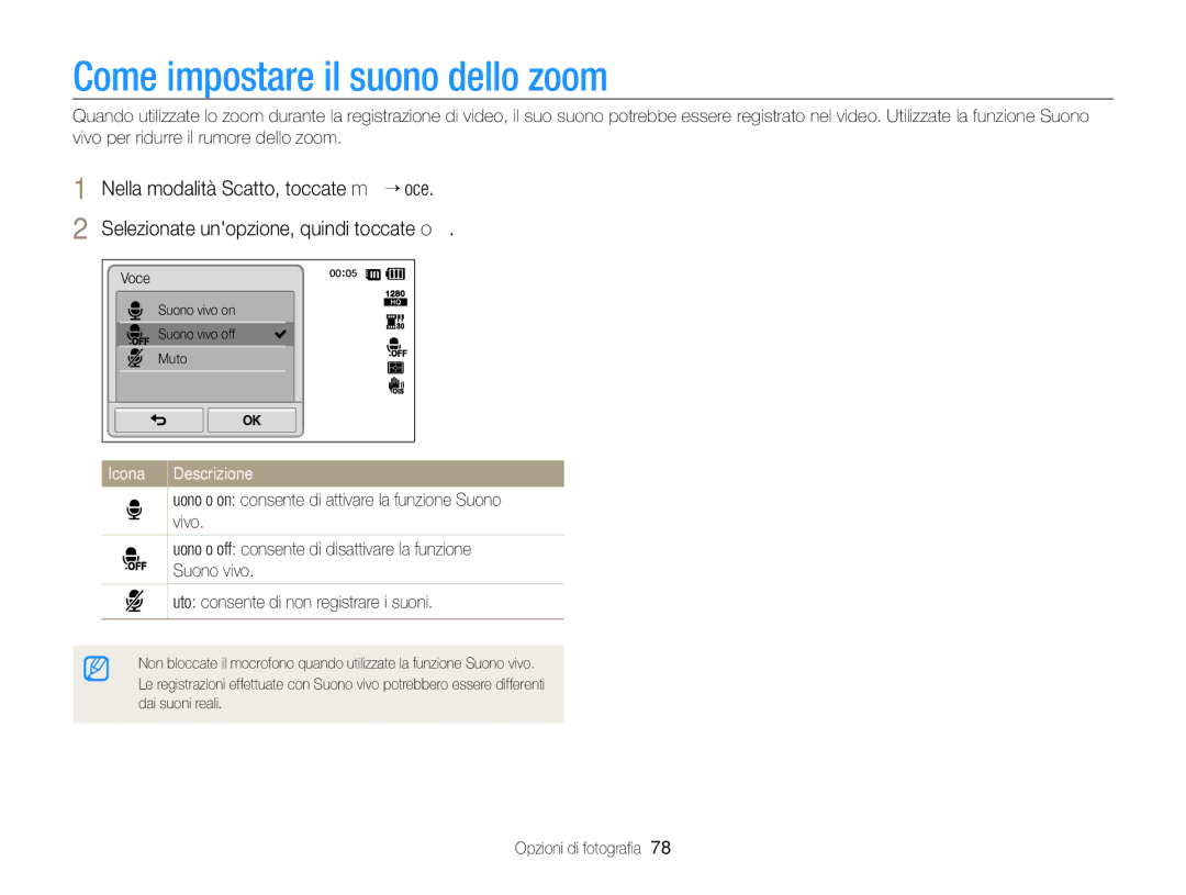 Samsung EC-ST700ZBPGE1, EC-ST700ZBPLE1, EC-ST700ZBPSE1 manual Come impostare il suono dello zoom, Icona Descrizione 