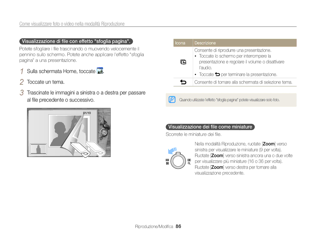 Samsung EC-ST700ZBPLE1 Toccate un tema, Al ﬁle precedente o successivo, Visualizzazione di ﬁle con effetto sfoglia pagina 