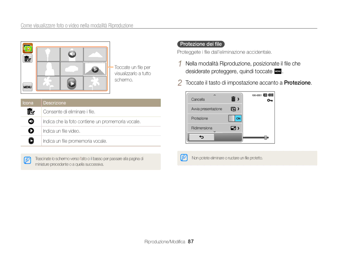 Samsung EC-ST700ZBPGE1, EC-ST700ZBPLE1, EC-ST700ZBPSE1 manual Protezione dei ﬁle 