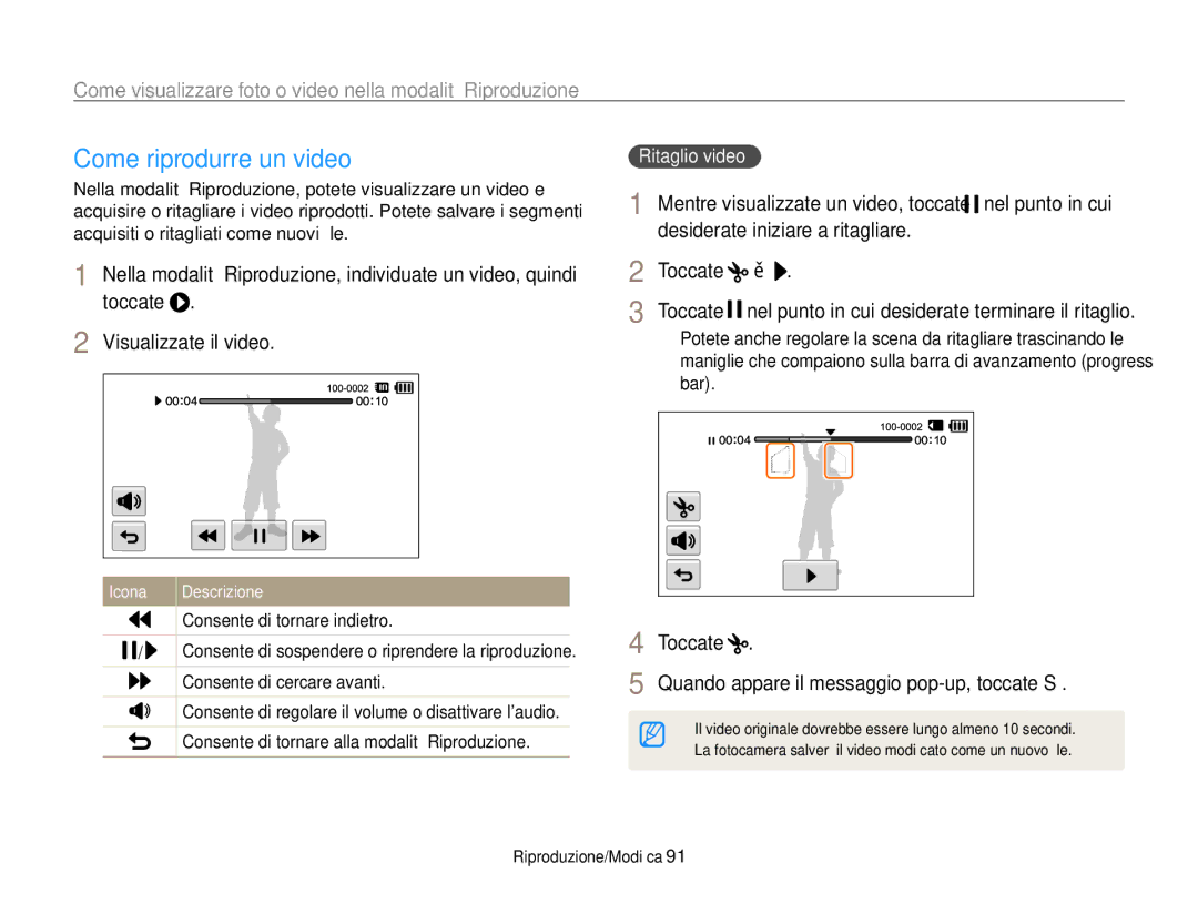 Samsung EC-ST700ZBPSE1 Come riprodurre un video, Toccate Quando appare il messaggio pop-up, toccate Sì, Ritaglio video 