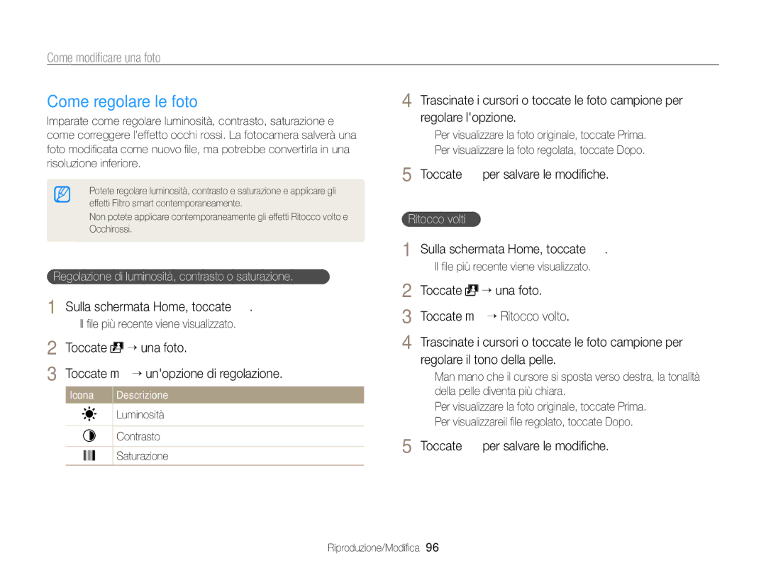 Samsung EC-ST700ZBPGE1 manual Toccate “ una foto Toccate m “ Ritocco volto, Regolare il tono della pelle, Ritocco volti 