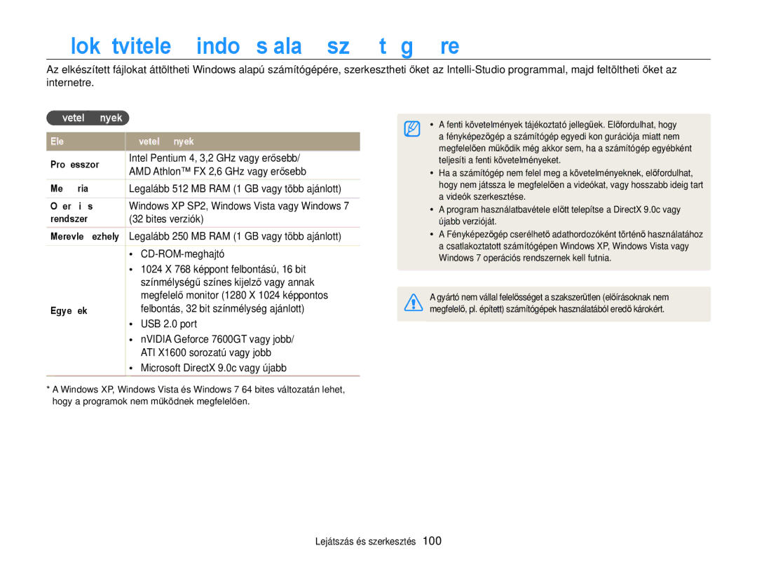 Samsung EC-ST700ZBPSE3, EC-ST700ZBPSE1, EC-ST700ZBPBE3 manual Fájlok átvitele Windows alapú számítógépre, Követelmények 