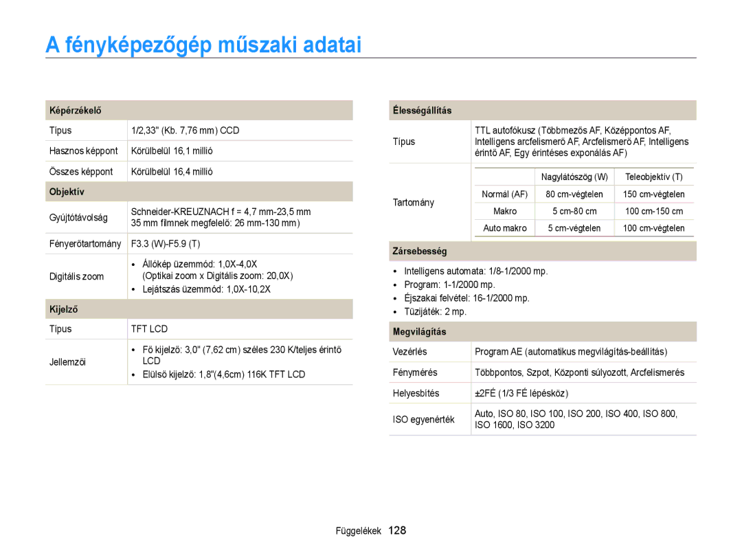 Samsung EC-ST700ZBPSE2, EC-ST700ZBPSE1, EC-ST700ZBPSE3, EC-ST700ZBPBE3, EC-ST700ZBPBE2 manual Fényképezőgép műszaki adatai 