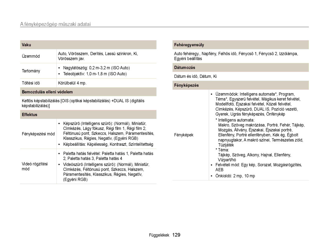 Samsung EC-ST700ZBPSE1, EC-ST700ZBPSE3 manual Fényképezőgép műszaki adatai, Bemozdulás elleni védelem, Effektus, Fényképezés 