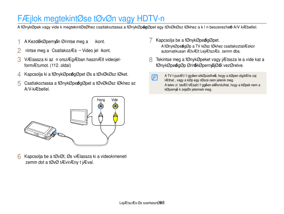 Samsung EC-ST700ZBPSE2 manual Fájlok megtekintése tévén vagy HDTV-n, Formátumot . oldal Kapcsolja be a fényképezőgépet 