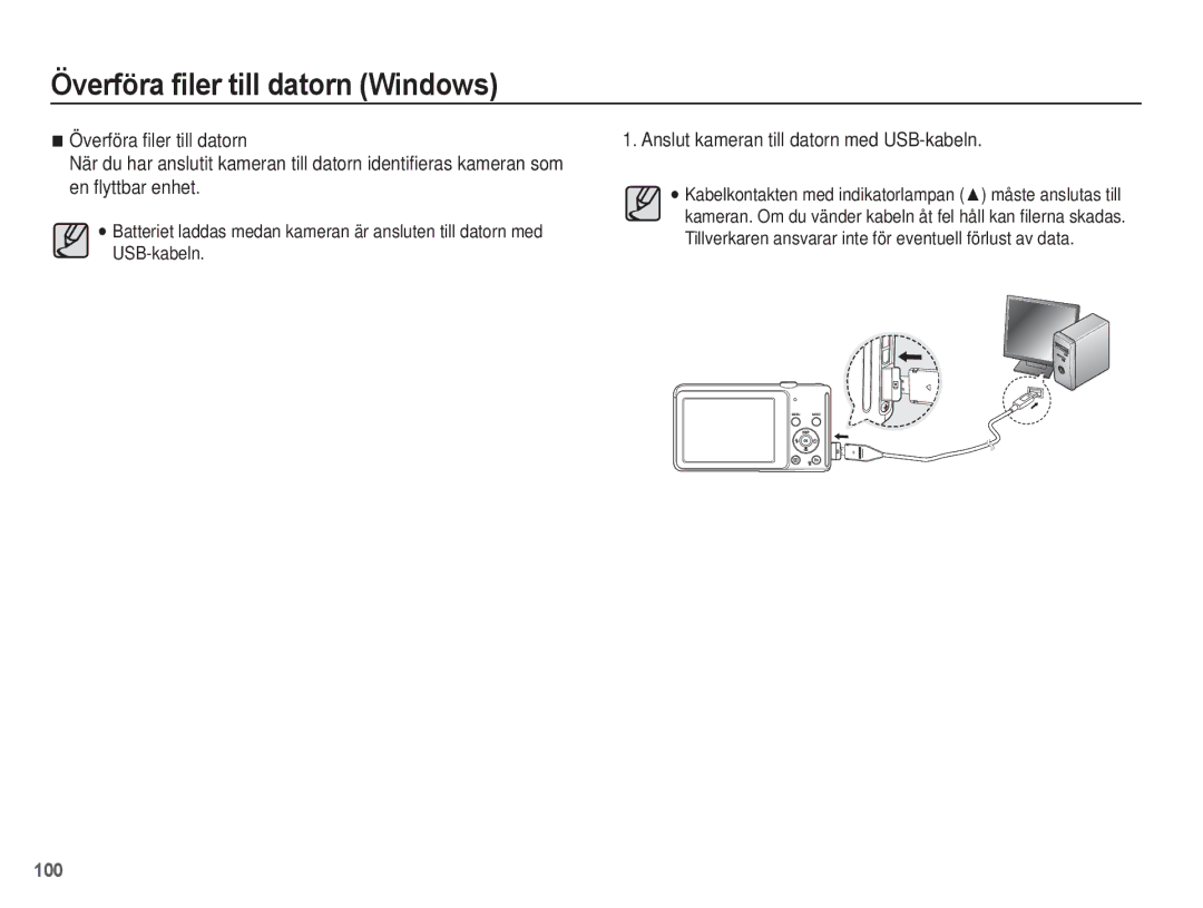 Samsung EC-ST70ZZBPSE2, EC-ST70ZZBPBE2, EC-ST70ZZBPUE2, EC-ST70ZZBPOE2 manual Anslut kameran till datorn med USB-kabeln 