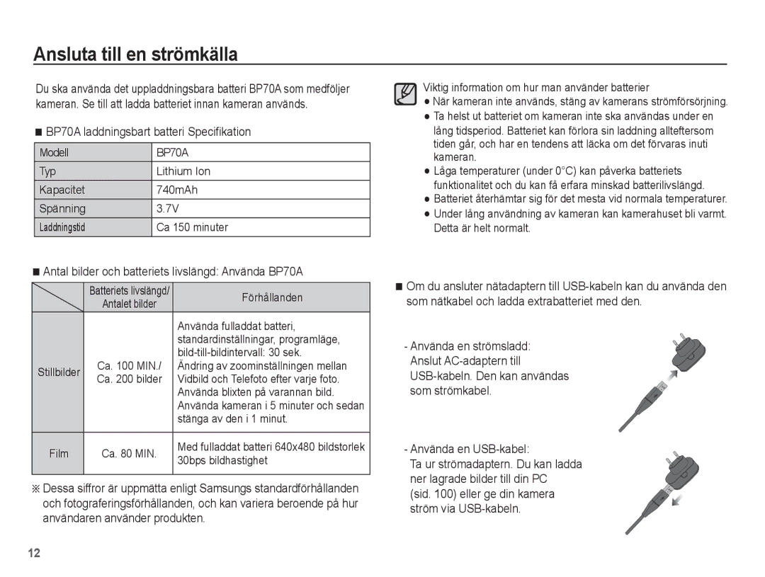 Samsung EC-ST70ZZBPSE2, EC-ST70ZZBPBE2, EC-ST70ZZBPUE2 Ansluta till en strömkälla, BP70A laddningsbart batteri Speciﬁkation 