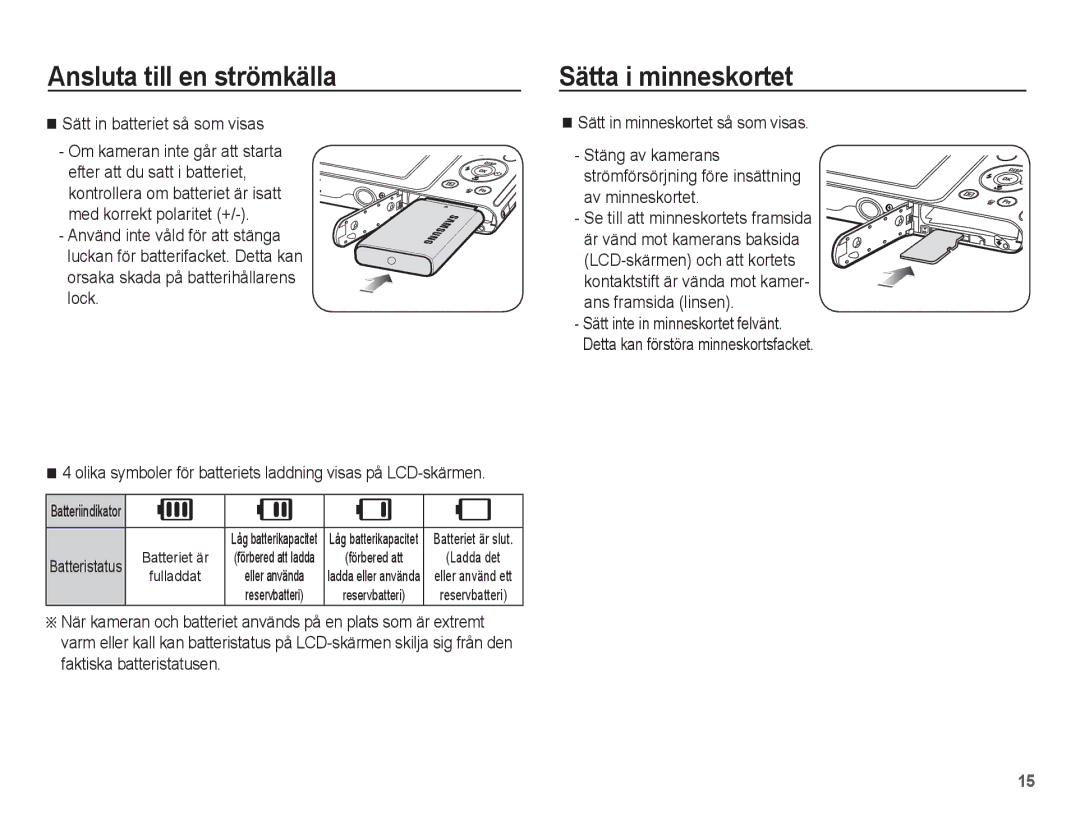 Samsung EC-ST70ZZBPBE2, EC-ST70ZZBPSE2, EC-ST70ZZBPUE2 Sätta i minneskortet, Sätt in batteriet så som visas, Batteristatus 