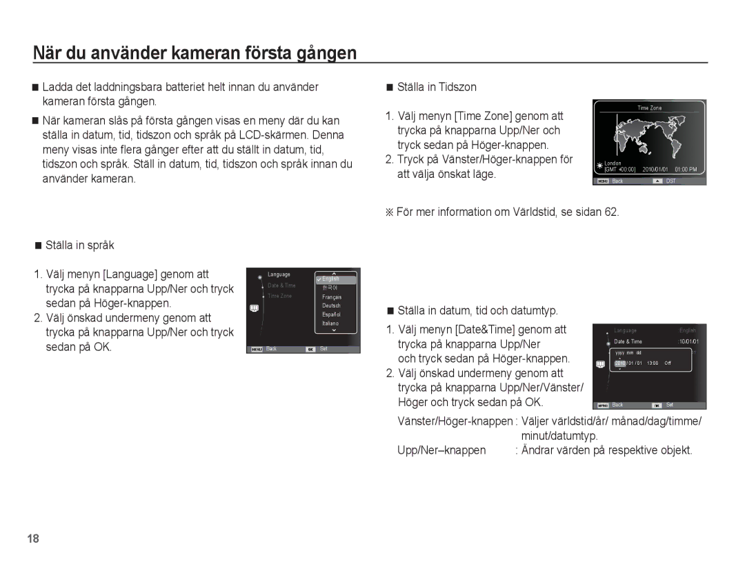 Samsung EC-ST70ZZBPOE2, EC-ST70ZZBPBE2, EC-ST70ZZBPSE2, EC-ST70ZZBPUE2 manual När du använder kameran första gången 